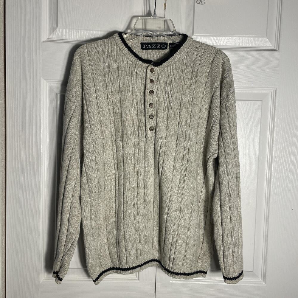 Vintage Y2K Pazzo Sweater Men Large Beige Henley Ribbed Knit Contrasting Trim